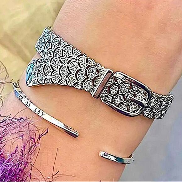 Sterling Silver Buckle Bangle Bracelet, Zircon Cuff Belt Buckle, Minimalist - Picture 7 of 10